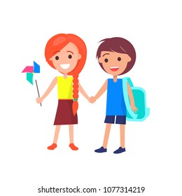 Boy with medium length brown hair and redhead girl with braid holding hands isolated vector illustration on white. Happy students during break