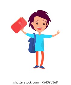Boy with medium length hair wearing blue t-shirt and backpack holding orange hard back book in his hand isolated vector illustration on white