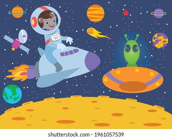 Boy meets alien in space cartoon 2d vector concept for banner, website, illustration, landing page, flyer, etc.