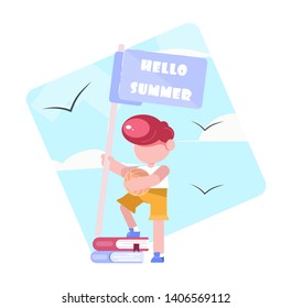 the boy meets the summer, Hello summer, the beginning of the summer holidays, vector illustration of a flat character for animation