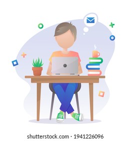 Boy, men with laptop, notebook, plant, books, succulent in a pot and cup of coffee on a table. Vector illustration isolated on white background.