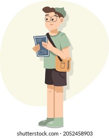 Niño con una carta de menú haciendo orden en la cafetería. Un chico elegante viajero aislado de ilustración vectorial. Simple Lean Slim Boy con la camiseta verde de la bolsa lateral Sling, boina y zapatos.