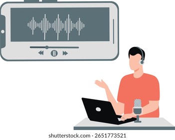 O menino meticulosamente captura frequências de voz, ajustando atentamente as configurações em seu dispositivo de gravação. Ele monitora ondas sonoras, analisa amplitude.