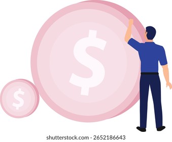 Boy is meticulously counting dollar coins, stacking them neatly on the table. His focused expression and careful organization highlight his diligence and determination in managing his money.