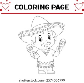 boy mexican use yellow sombrero hat coloring page for kids