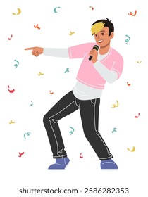 Boy with microphone. young man singing song, confetti on background. Karaoke character. Entertainment show music performance, nightclub party. Vector cartoon flat style isolated hobby illustration