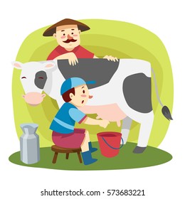 Boy Milking A Cow At The Farm Accompanied By Breeder. Vector Children Illustration.