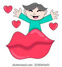 Junge vermisst große Küsse Lippen, Vektorgrafik. doodle Symbol Bild kawaii.