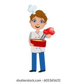 Boy Mixing Dough With Electric Mixer, Cute Kid In Chief Toque Hat Cooking Food Vector Illustration