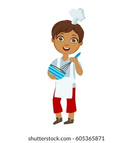 Boy Mixing Sauce In Bowl With Whip, Cute Kid In Chief Toque Hat Cooking Food Vector Illustration