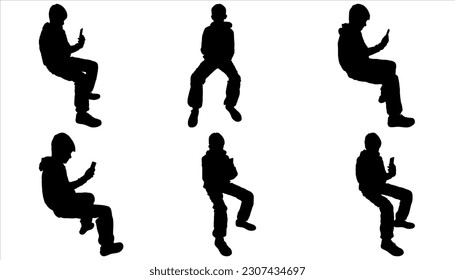 Boy with mobile devices. Black silhouettes are isolated. Teenagers and mobile phones. The teenager sits and holds the phone with one hand and looks at the screen. Side view. People use smartphones.