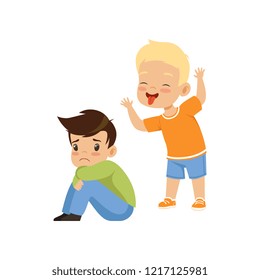 Boy mocking another, bad behavior, conflict between kids, mockery and bullying at school vector Illustration i on a white background