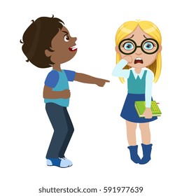 Boy Mocking A Girl, Part Of Bad Kids Behavior And Bullies Series Of Vector Illustrations With Characters Being Rude And Offensive