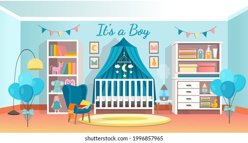 Es un niño. Moderna decoración azul para los recién nacidos. Habitación interior para un bebé con cuna, vestidor, sillón y estante. Ilustración vectorial.