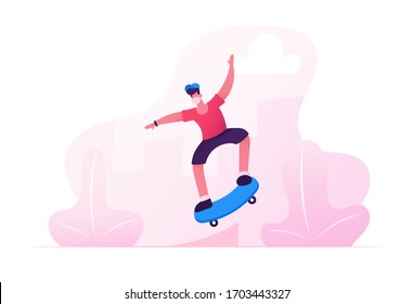 Boy in Modern Clothing, Cap and Medical Mask Jumping on Skateboard. Skateboarder Male Character Outdoors Activity during Covid 19 Pandemic in Skatepark, Virus Protection. Cartoon Vector Illustration