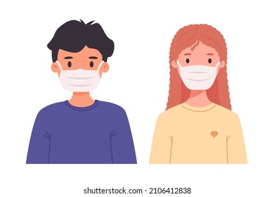 Boy with modern hairstyle, Girl with long red wavy hair in medical mask. Children's avatar during COVID-19 coronavirus pandemic. Colorful flat vector illustration isolated on white background