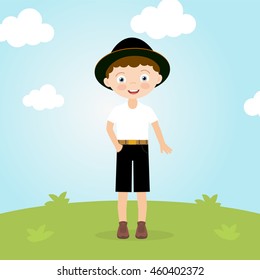 Boy in modern hat wearing white T-shirt and black shorts