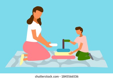 Boy and mom playing with pyramid toy vector flat illustration. Kid with mother stack a pyramid of colored rings playing logical game. Family members sitting on the floor playing educational game
