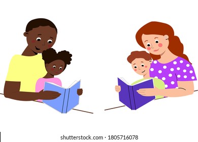 Boy and mom are reading a book. Father is reading a book with his little daughter. Education for children. Reading concept. Children's reading. People isolated on white background.