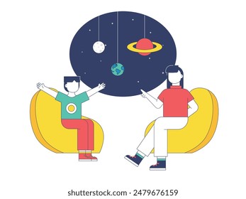 Boy and mom are sitting on a bean bag, looking at the galaxy and planets in the learning playground. Character design. Vector flat illustration
