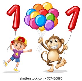 Boy and monkey with balloon for number one illustration