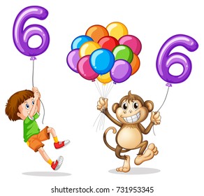 Niño y mono con el globo número seis ilustración