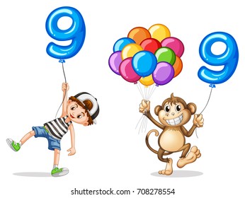 Boy and monkey with balloons for nine illustration