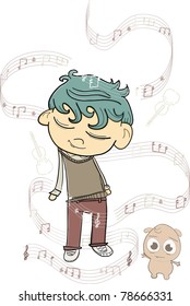 boy and monster listening to music