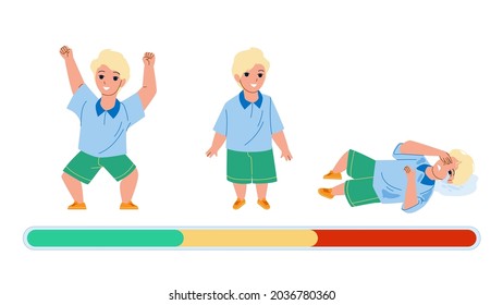 Boy Mood Laughing, Smiling And Offended Cry Vector. Little Kid Boy, Happy Play, Stand With Smile, Laying On Floor And Sobbing. Character Child Negative And Positive Emotion Flat Cartoon Illustration
