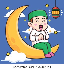 Junge mit dem Mond mit Ramadan Feier. Vektorsymbol-Illustration einzeln auf Premium-Vektorgrafik