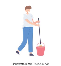 niño con icono aislado de mop y cuchara