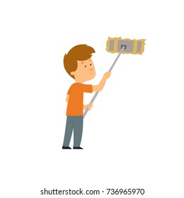 boy with a mop isolated on white background. vector illustration.