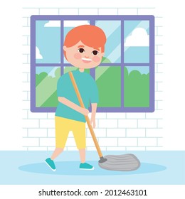 boy mopping the hallway illustration