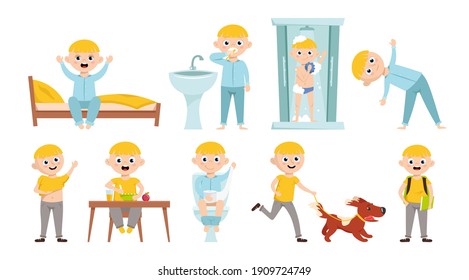 Boy morning routine. Funny character. Every day schedule. Waking up, brushing teeth, peeing, taking a shower, dressing up, eating. Cartoon flat style. Vector illustration isolated on white background