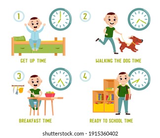 Boy morning routine. Funny character. Every day schedule. Waking up, having breakfast, walking the dog, eating, getting ready to school. Cartoon flat style. Vector illustration on white background