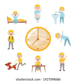 Boy morning routine. Funny character. Every day schedule. Waking up, brushing teeth, peeing, walking the dog, dressing up, eating. Cartoon flat style. Vector illustration isolated on white background