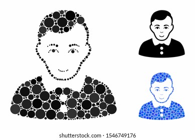 Boy mosaic of round dots in different sizes and shades, based on boy icon. Vector round dots are composed into blue mosaic. Dotted boy icon in usual and blue versions.