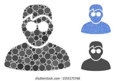 Boy mosaic of round dots in variable sizes and shades, based on boy icon. Vector dots are united into blue mosaic. Dotted boy icon in usual and blue versions.