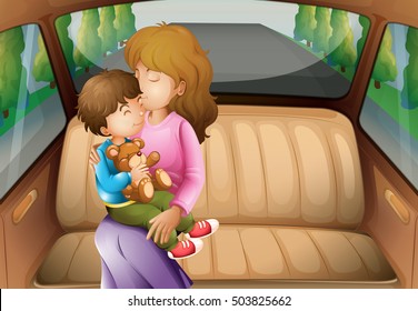 Boy And Mother In Back Seat  Illustration