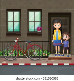 Boy and mother in front of a house illustration