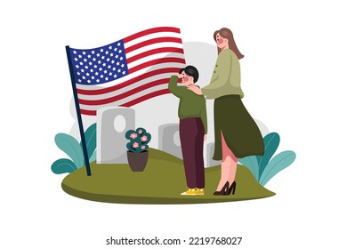 The boy and mother visit the grave of his father who is a veteran