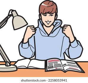 A boy in a motivational pose while studying.