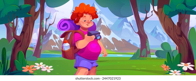 Boy in mountain wonderland adventure background. Tree nature landscape and character hike in forest. Trail with backpack near river journey design scene. Man tourist in spring with camera on vacation