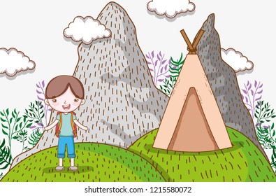 boy in the mountains with camp and plants with clouds