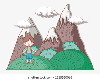 boy in the mountains with clouds and nature trees