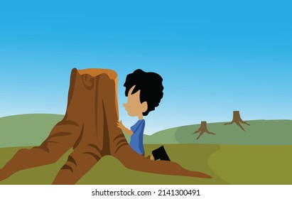 a boy mourns a tree left over from cutting down the forest. Earth day 2022 illustration vector