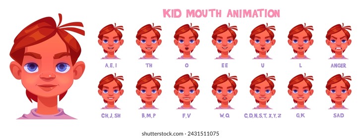 Boy mouth animation set isolated on white background. Vector cartoon illustration of male teen character face pronouncing different sounds, lip sync and emotions collection, avatar constructor