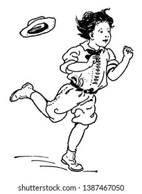 Ein Junge bewegt sich sehr schnell, und sein Hut fällt bald von seinem Kopf, Vintage-Linie Zeichnung oder Gravitation Illustration.