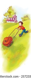 Boy mowing the grass. Summer Activities. Children illustration for School books, advertising, magazines and more. Separate Objects. VECTOR.