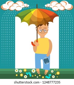 A boy with a multicolor umbrella stands in the rain. Vector illustration